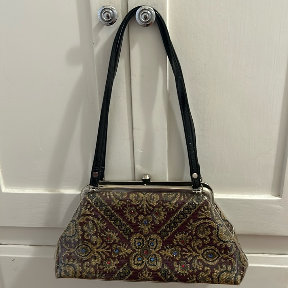 M. Andonia vintage shoulder bag. Burgundy with blue, red, yellow rhinestones.